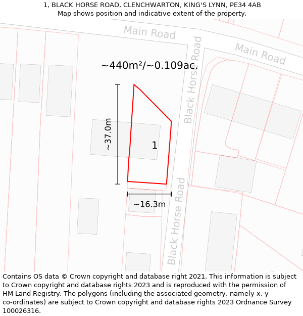 1, BLACK HORSE ROAD, CLENCHWARTON, KING'S LYNN, PE34 4AB: Plot and title map