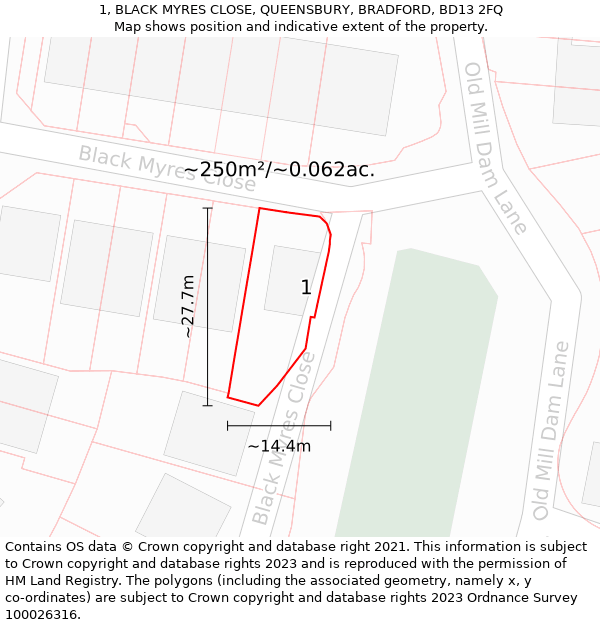 1, BLACK MYRES CLOSE, QUEENSBURY, BRADFORD, BD13 2FQ: Plot and title map