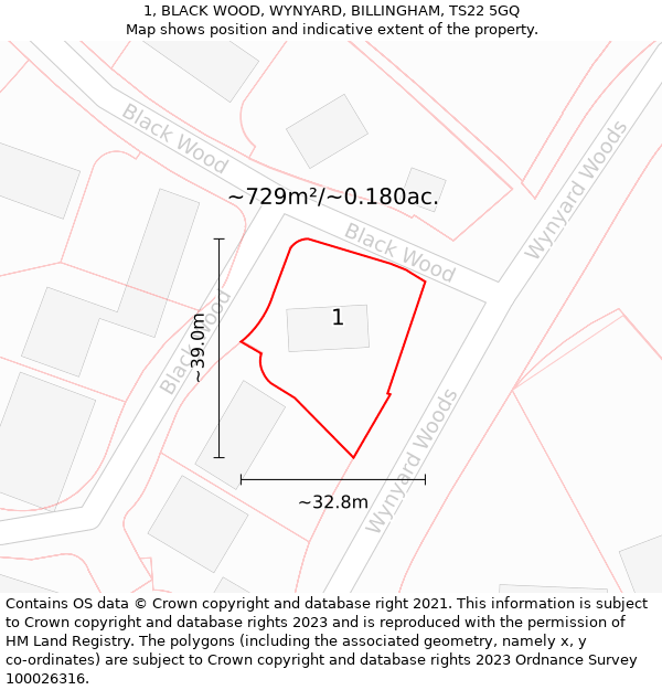 1, BLACK WOOD, WYNYARD, BILLINGHAM, TS22 5GQ: Plot and title map