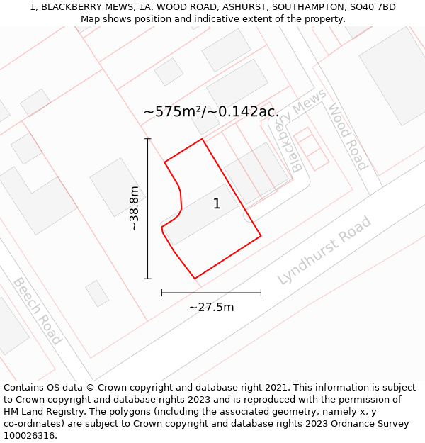 1, BLACKBERRY MEWS, 1A, WOOD ROAD, ASHURST, SOUTHAMPTON, SO40 7BD: Plot and title map