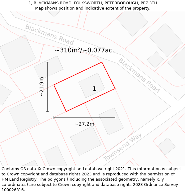 1, BLACKMANS ROAD, FOLKSWORTH, PETERBOROUGH, PE7 3TH: Plot and title map