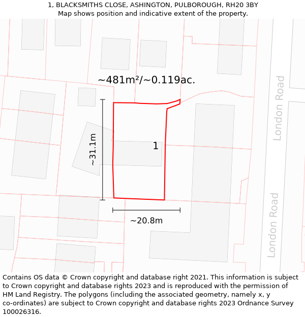 1, BLACKSMITHS CLOSE, ASHINGTON, PULBOROUGH, RH20 3BY: Plot and title map