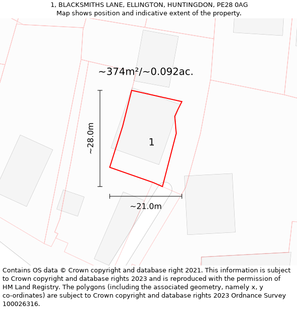 1, BLACKSMITHS LANE, ELLINGTON, HUNTINGDON, PE28 0AG: Plot and title map