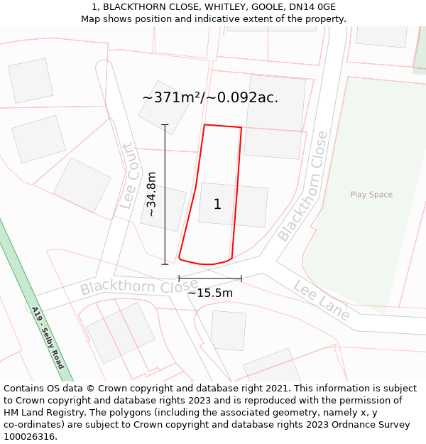 1, BLACKTHORN CLOSE, WHITLEY, GOOLE, DN14 0GE: Plot and title map