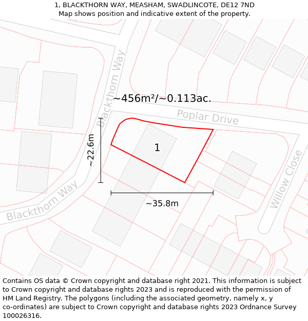 1, BLACKTHORN WAY, MEASHAM, SWADLINCOTE, DE12 7ND: Plot and title map