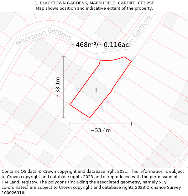 1, BLACKTOWN GARDENS, MARSHFIELD, CARDIFF, CF3 2SF: Plot and title map