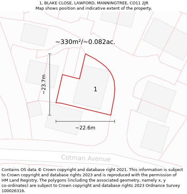 1, BLAKE CLOSE, LAWFORD, MANNINGTREE, CO11 2JR: Plot and title map