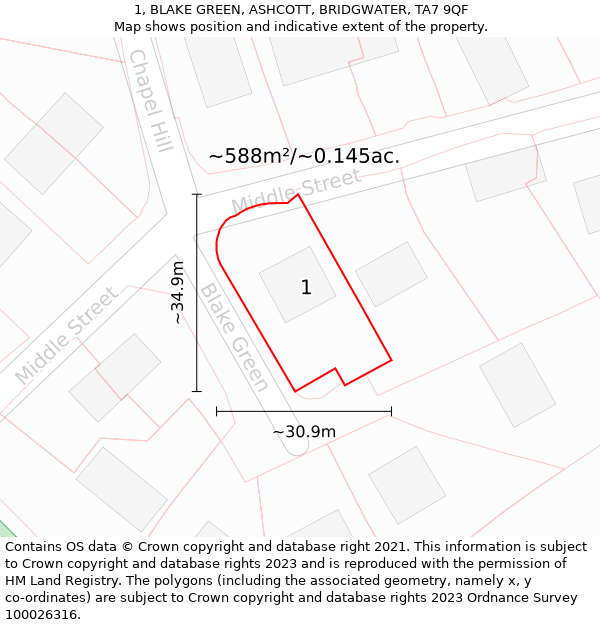 1, BLAKE GREEN, ASHCOTT, BRIDGWATER, TA7 9QF: Plot and title map