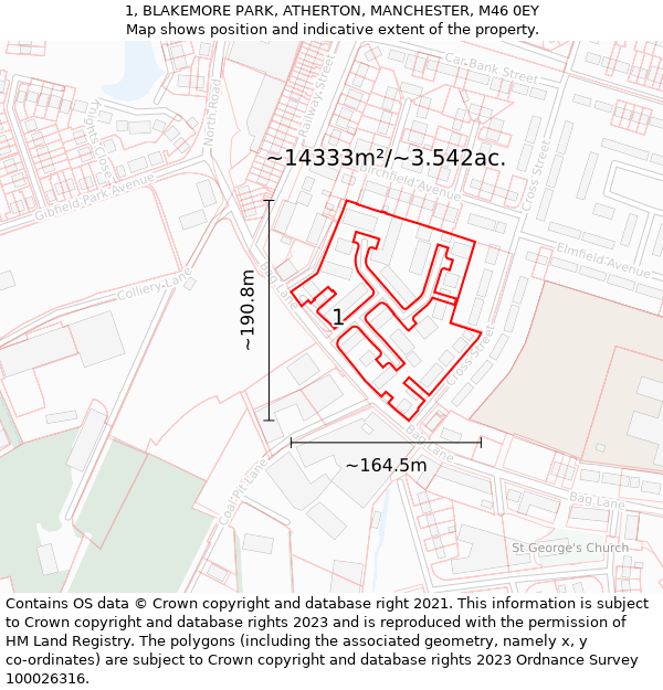 1, BLAKEMORE PARK, ATHERTON, MANCHESTER, M46 0EY: Plot and title map