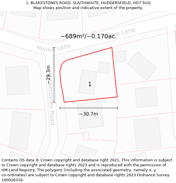 1, BLAKESTONES ROAD, SLAITHWAITE, HUDDERSFIELD, HD7 5UQ: Plot and title map