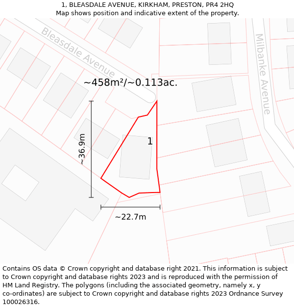 1, BLEASDALE AVENUE, KIRKHAM, PRESTON, PR4 2HQ: Plot and title map