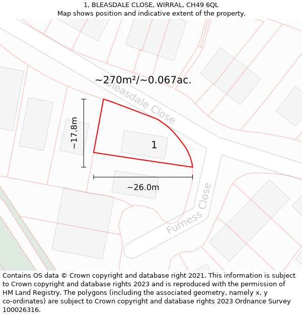 1, BLEASDALE CLOSE, WIRRAL, CH49 6QL: Plot and title map