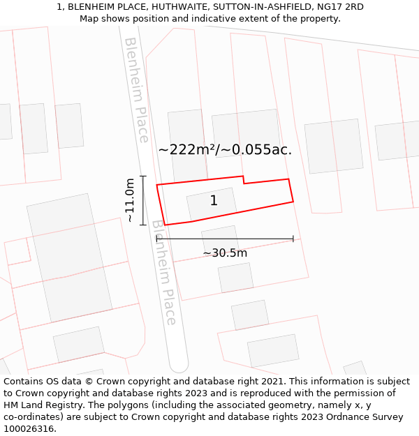 1, BLENHEIM PLACE, HUTHWAITE, SUTTON-IN-ASHFIELD, NG17 2RD: Plot and title map