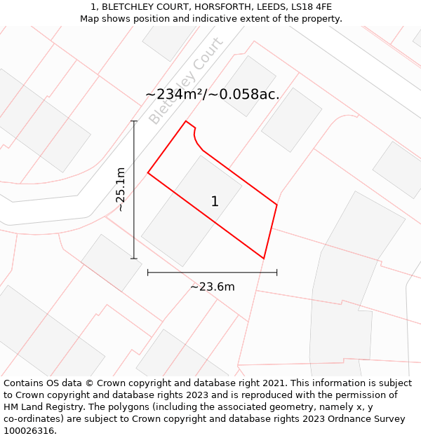 1, BLETCHLEY COURT, HORSFORTH, LEEDS, LS18 4FE: Plot and title map