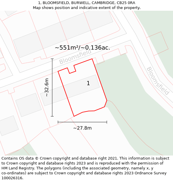 1, BLOOMSFIELD, BURWELL, CAMBRIDGE, CB25 0RA: Plot and title map