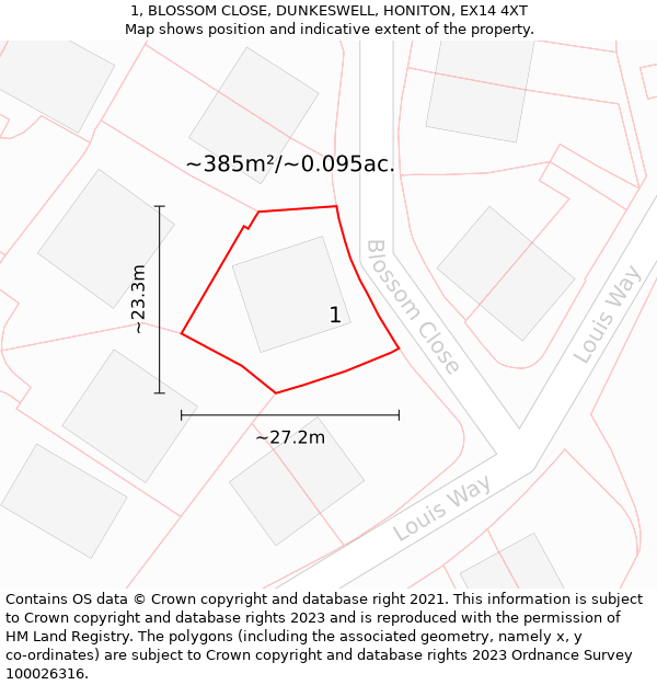 1, BLOSSOM CLOSE, DUNKESWELL, HONITON, EX14 4XT: Plot and title map