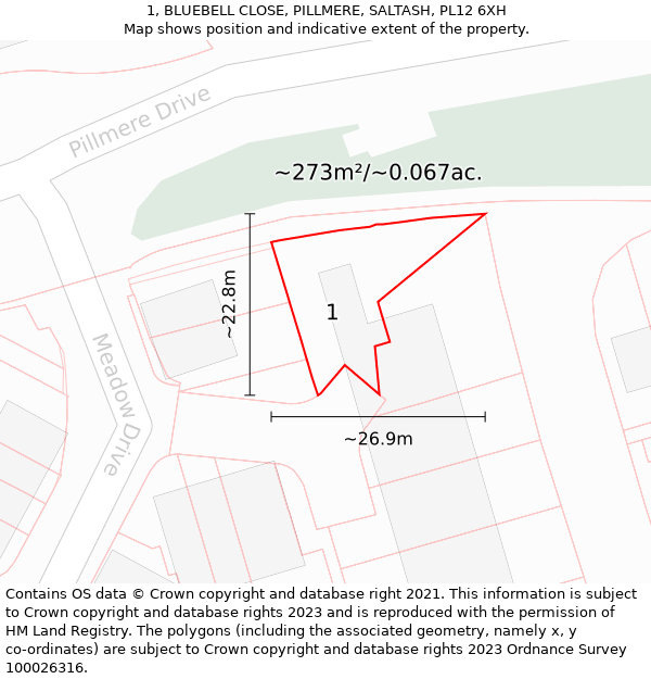 1, BLUEBELL CLOSE, PILLMERE, SALTASH, PL12 6XH: Plot and title map