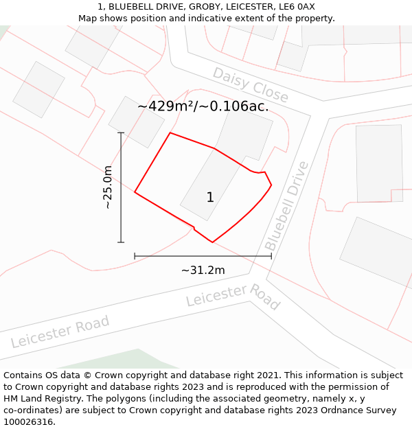 1, BLUEBELL DRIVE, GROBY, LEICESTER, LE6 0AX: Plot and title map