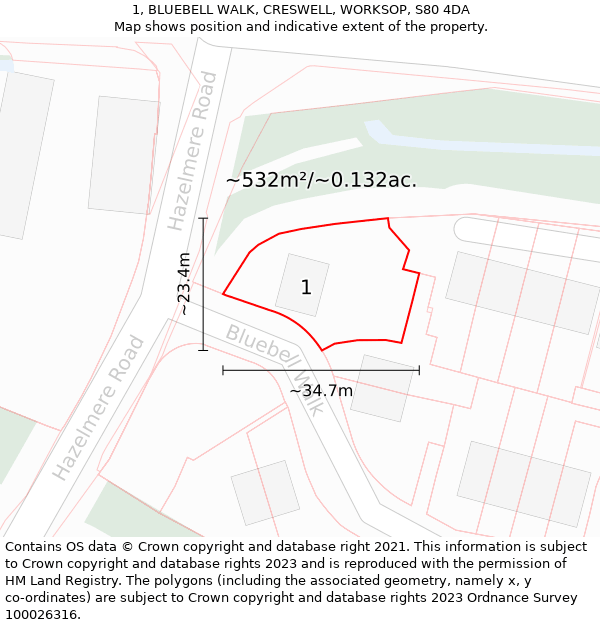 1, BLUEBELL WALK, CRESWELL, WORKSOP, S80 4DA: Plot and title map