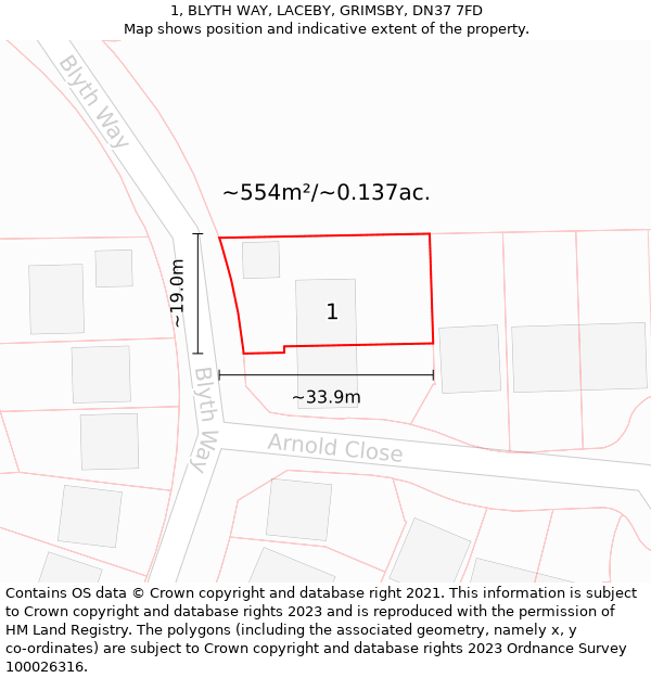 1, BLYTH WAY, LACEBY, GRIMSBY, DN37 7FD: Plot and title map