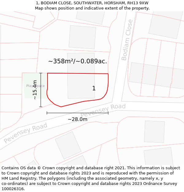 1, BODIAM CLOSE, SOUTHWATER, HORSHAM, RH13 9XW: Plot and title map