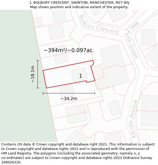 1, BOLBURY CRESCENT, SWINTON, MANCHESTER, M27 8AJ: Plot and title map