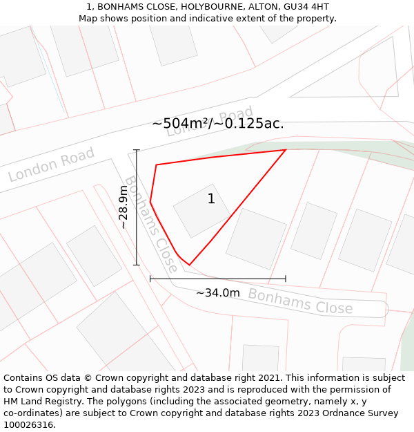 1, BONHAMS CLOSE, HOLYBOURNE, ALTON, GU34 4HT: Plot and title map