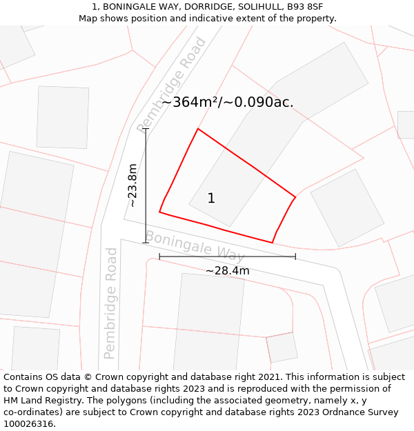 1, BONINGALE WAY, DORRIDGE, SOLIHULL, B93 8SF: Plot and title map