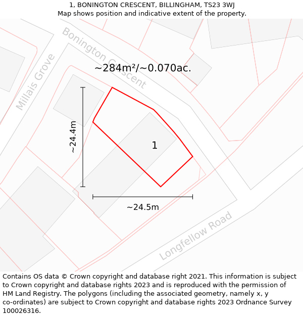 1, BONINGTON CRESCENT, BILLINGHAM, TS23 3WJ: Plot and title map