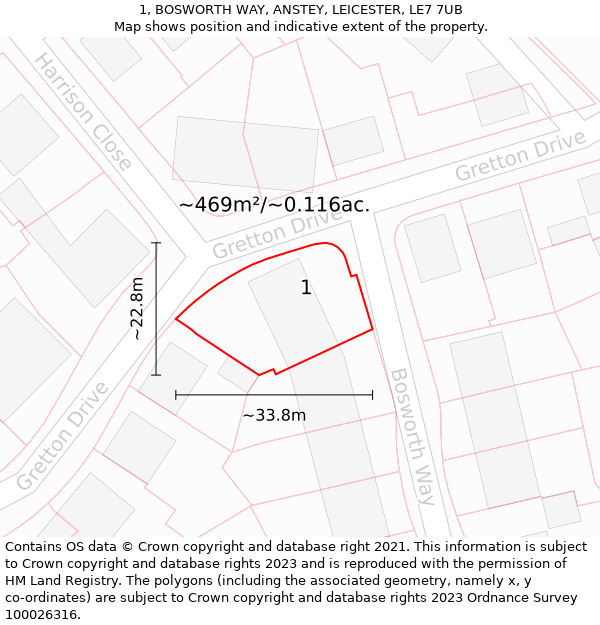 1, BOSWORTH WAY, ANSTEY, LEICESTER, LE7 7UB: Plot and title map