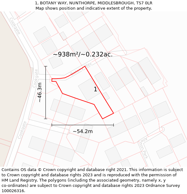 1, BOTANY WAY, NUNTHORPE, MIDDLESBROUGH, TS7 0LR: Plot and title map