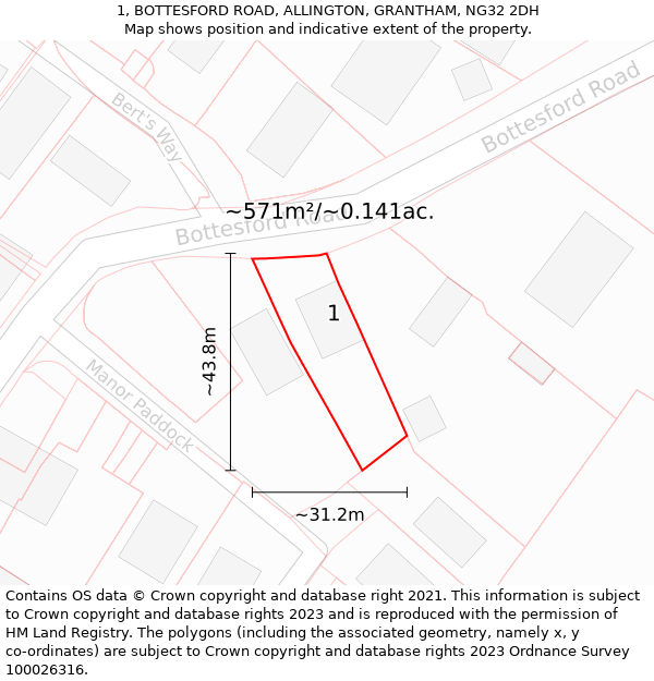 1, BOTTESFORD ROAD, ALLINGTON, GRANTHAM, NG32 2DH: Plot and title map