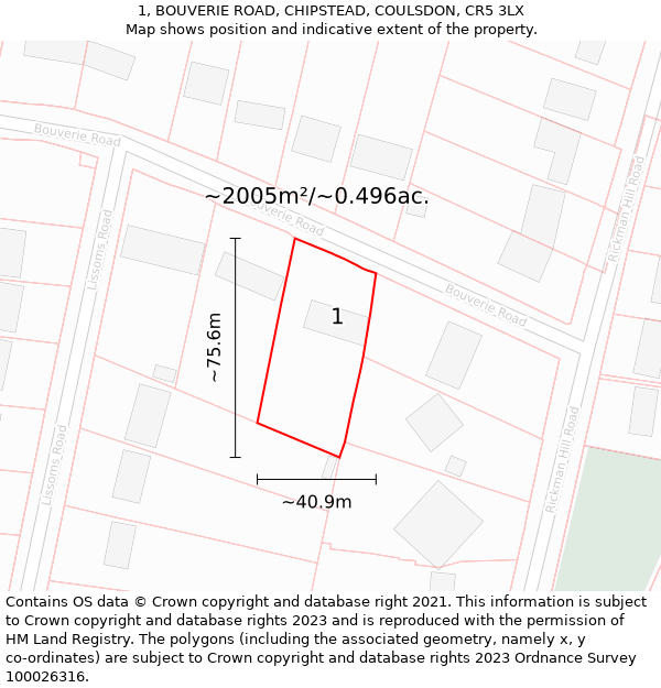 1, BOUVERIE ROAD, CHIPSTEAD, COULSDON, CR5 3LX: Plot and title map