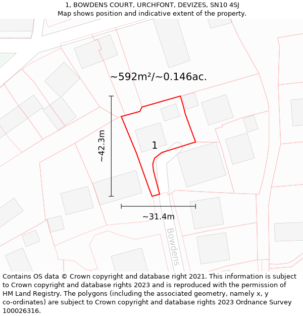 1, BOWDENS COURT, URCHFONT, DEVIZES, SN10 4SJ: Plot and title map