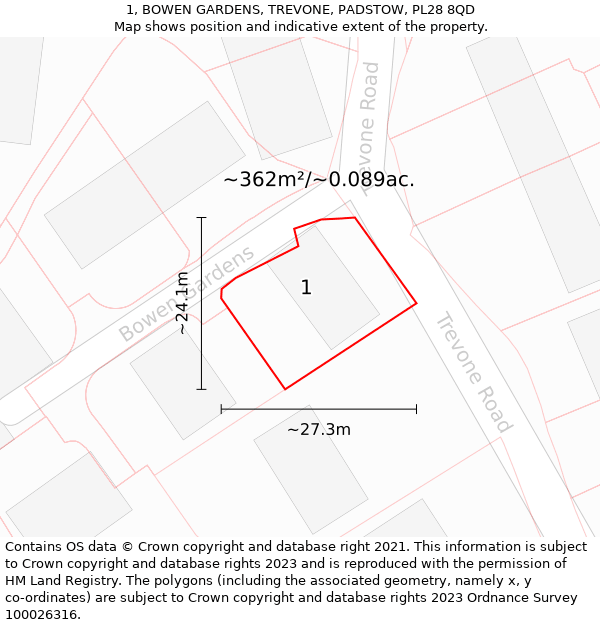 1, BOWEN GARDENS, TREVONE, PADSTOW, PL28 8QD: Plot and title map