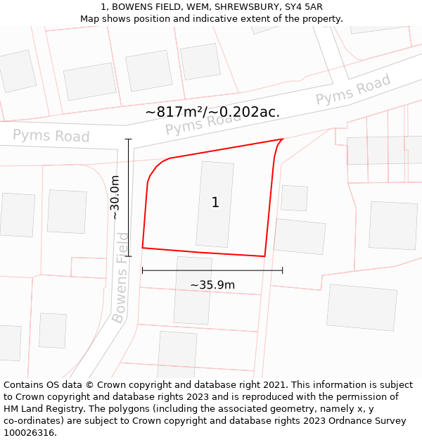 1, BOWENS FIELD, WEM, SHREWSBURY, SY4 5AR: Plot and title map