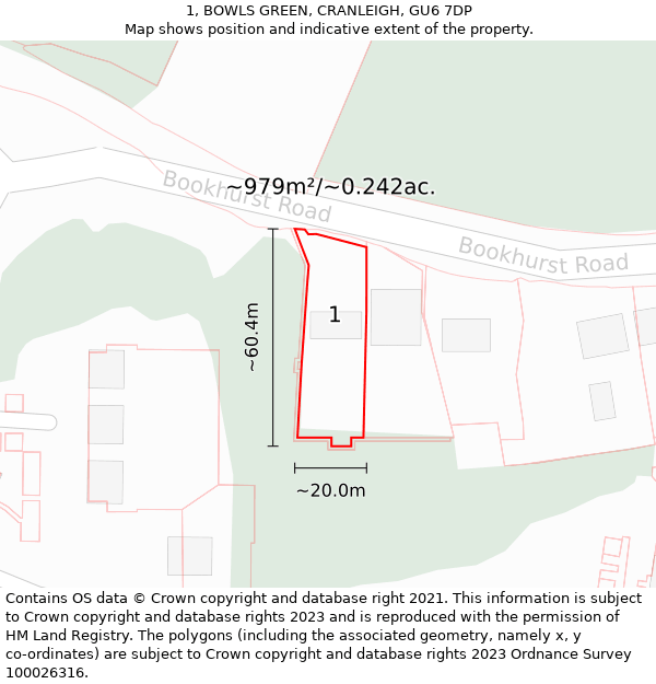 1, BOWLS GREEN, CRANLEIGH, GU6 7DP: Plot and title map