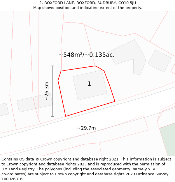 1, BOXFORD LANE, BOXFORD, SUDBURY, CO10 5JU: Plot and title map