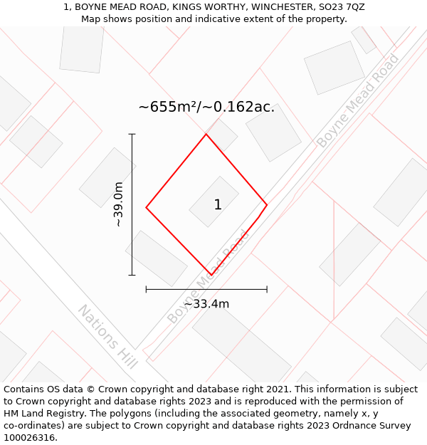 1, BOYNE MEAD ROAD, KINGS WORTHY, WINCHESTER, SO23 7QZ: Plot and title map