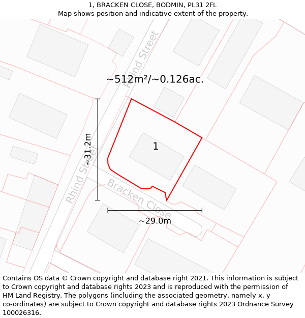 1, BRACKEN CLOSE, BODMIN, PL31 2FL: Plot and title map