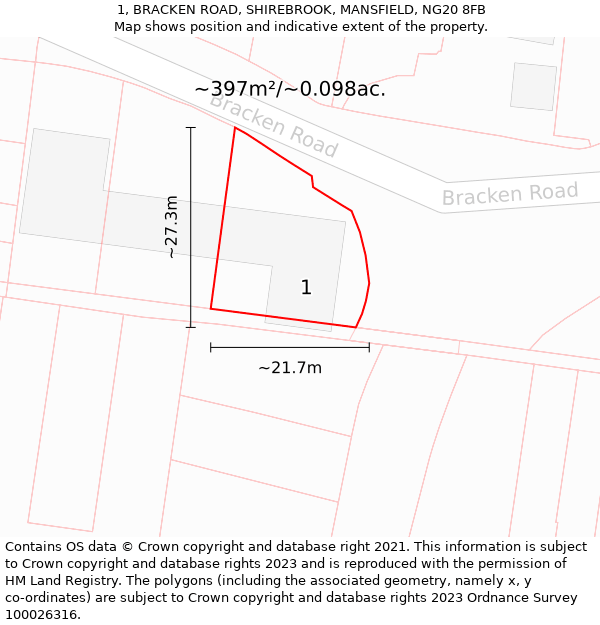 1, BRACKEN ROAD, SHIREBROOK, MANSFIELD, NG20 8FB: Plot and title map