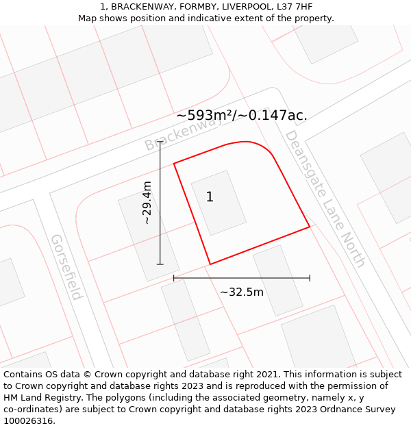 1, BRACKENWAY, FORMBY, LIVERPOOL, L37 7HF: Plot and title map