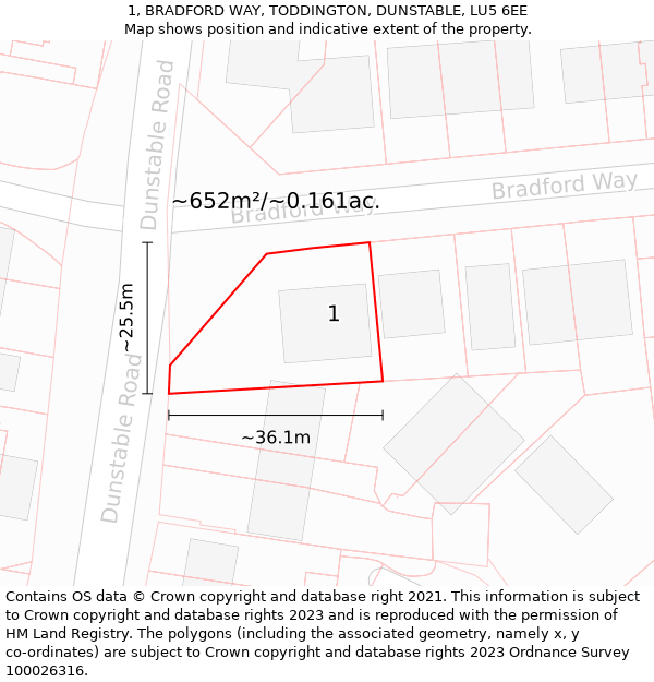 1, BRADFORD WAY, TODDINGTON, DUNSTABLE, LU5 6EE: Plot and title map