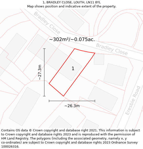 1, BRADLEY CLOSE, LOUTH, LN11 8YL: Plot and title map