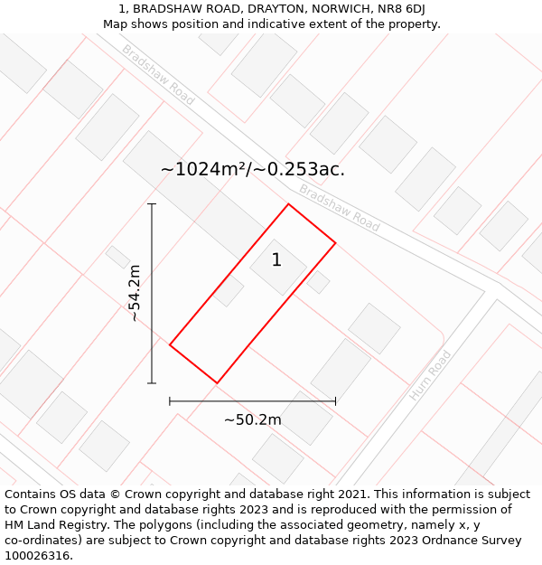 1, BRADSHAW ROAD, DRAYTON, NORWICH, NR8 6DJ: Plot and title map