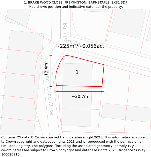 1, BRAKE WOOD CLOSE, FREMINGTON, BARNSTAPLE, EX31 3DP: Plot and title map