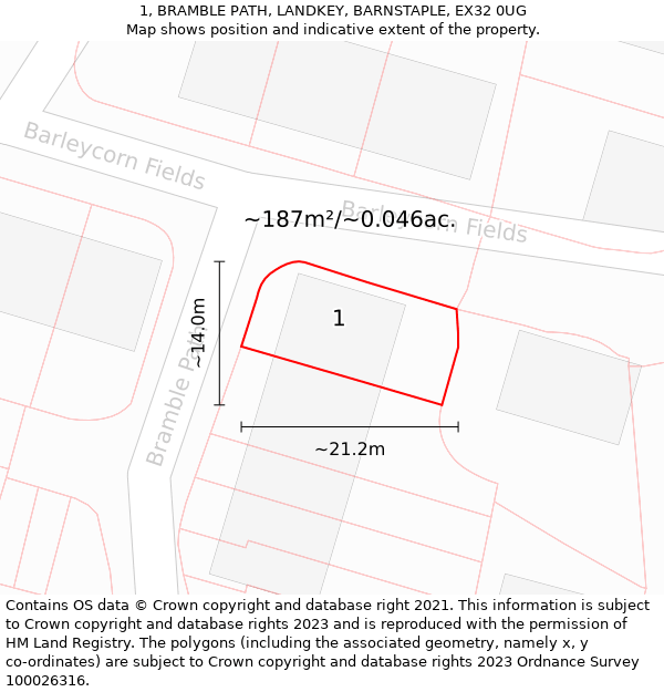 1, BRAMBLE PATH, LANDKEY, BARNSTAPLE, EX32 0UG: Plot and title map