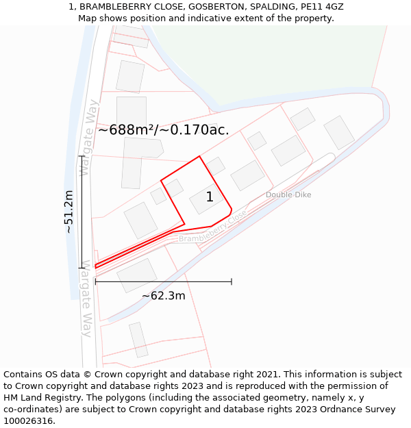 1, BRAMBLEBERRY CLOSE, GOSBERTON, SPALDING, PE11 4GZ: Plot and title map