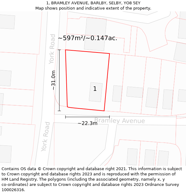 1, BRAMLEY AVENUE, BARLBY, SELBY, YO8 5EY: Plot and title map