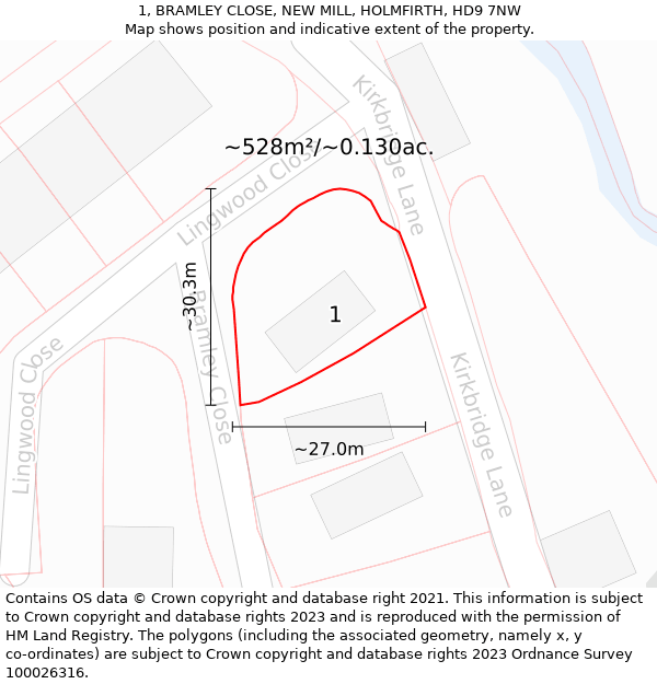 1, BRAMLEY CLOSE, NEW MILL, HOLMFIRTH, HD9 7NW: Plot and title map